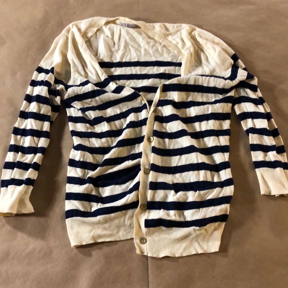 3/4 Length Sleeve Navy and Cream Striped Cardigan